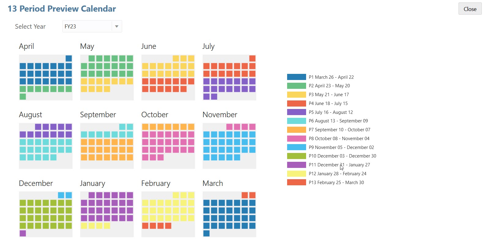 Calendario de vista previa de 13 periodos para FY23 con la opción Mismo año natural seleccionada