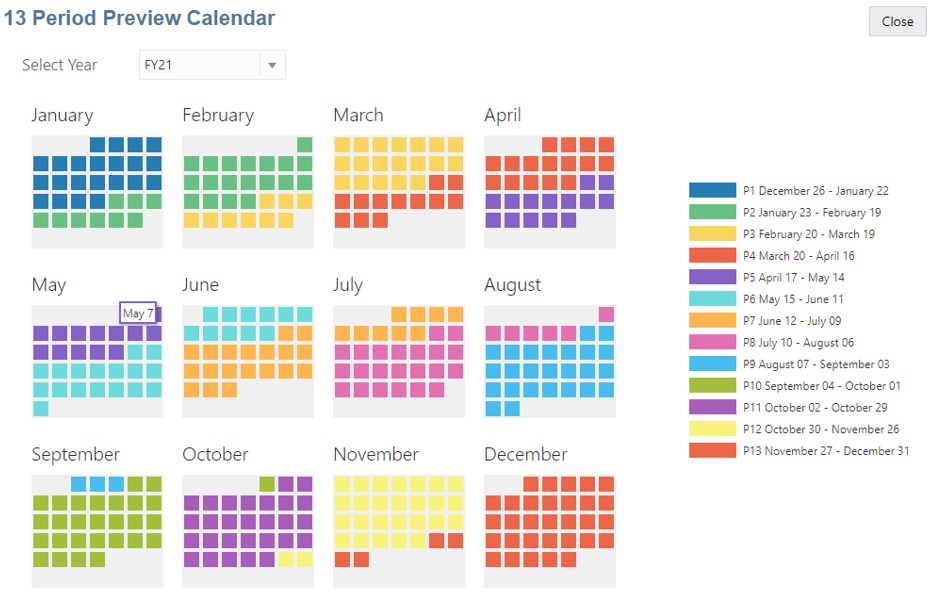 Calendario de vista previa de 13 períodos con 53 semanas