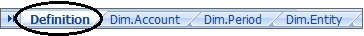 Separadores de hoja de trabajo de una plantilla de aplicación de Excel activa que muestran la convención de nomenclatura para la hoja de definición de aplicación, "Definition".