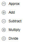 Captura de pantalla de los operadores de Detalles de apunte: Aproximado, Sumar, Restar, Multiplicar y Dividir