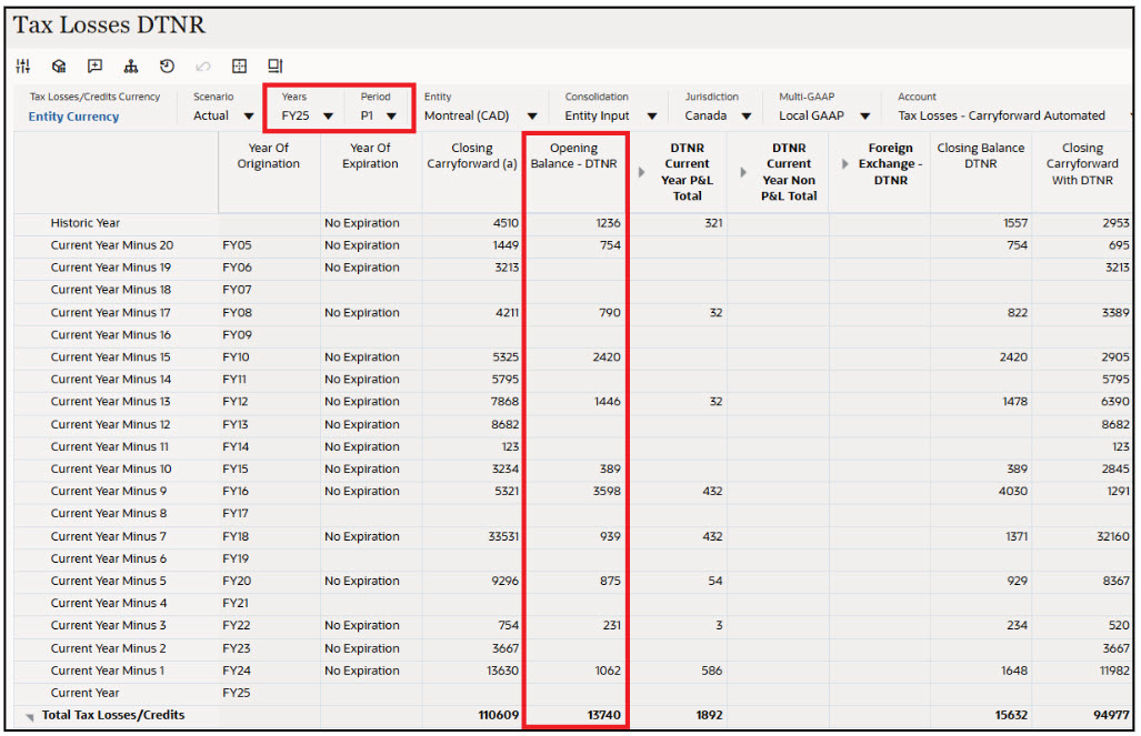 Los valores de DTNR de balance de cierre se transfieren a la columna Balance de apertura - DTNR