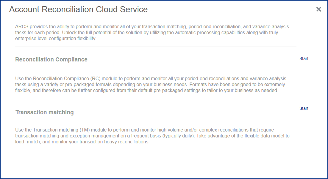 Capture de l'écran de sélection du module Account Reconciliation Cloud : Conformité de rapprochement ou Correspondance de transaction comme module de démarrage