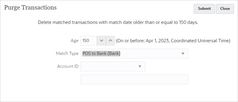 Exemple 2. Boîte de dialogue Purger des transactions avec une date de correspondance supérieure à 10 jours