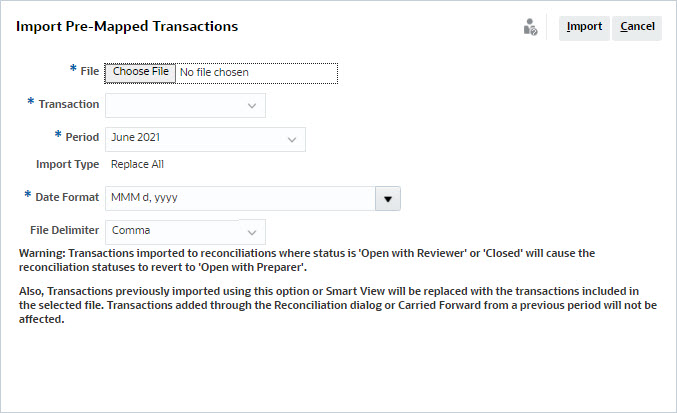 exemple de la boîte de dialogue Importer les transactions pré-mappées