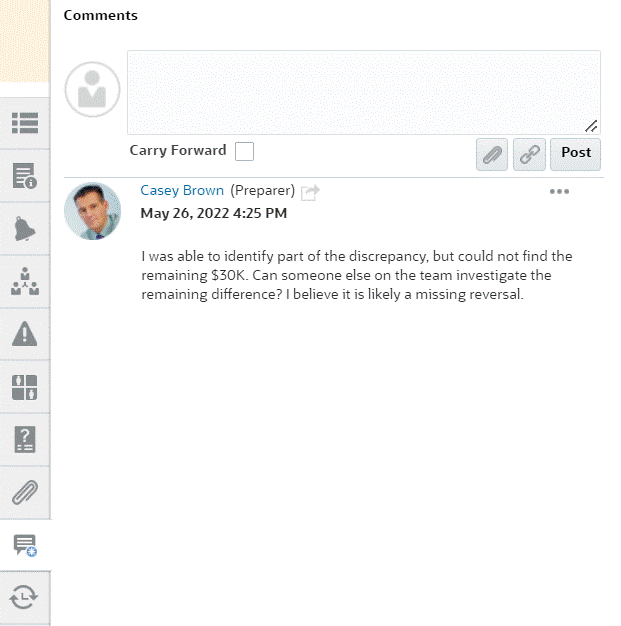 volet de navigation des commentaires dans la boîte de dialogue du rapprochement