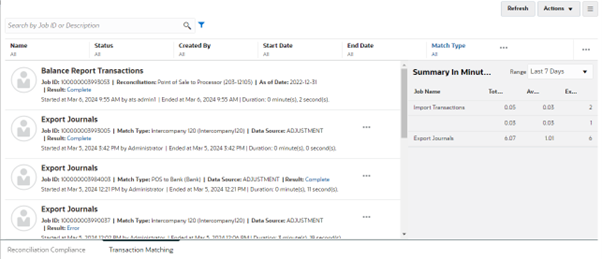 L'image montre le panneau récapitulatif pour les jobs Correspondance de transactions.