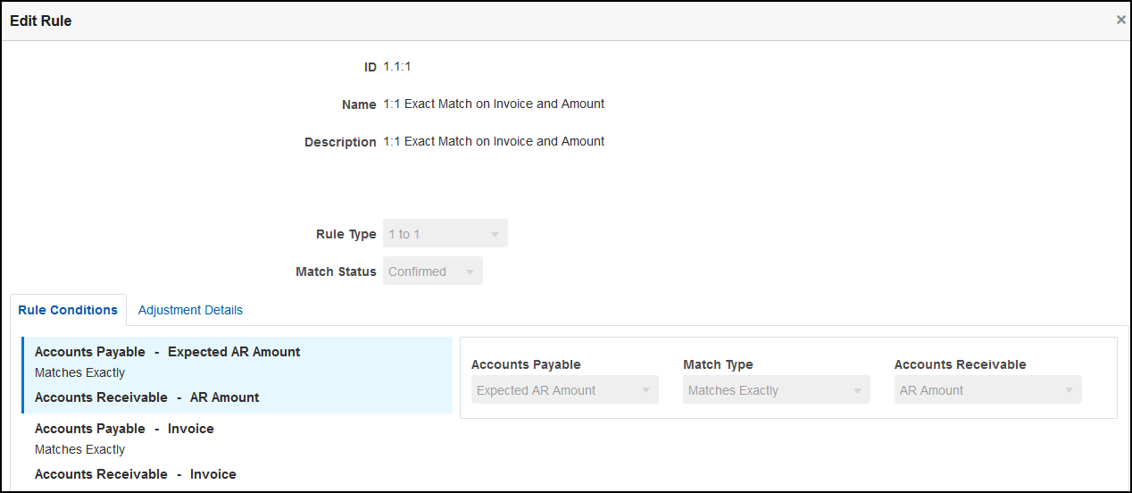 capture d'écran de règle présentant une correspondance exacte sur une facture