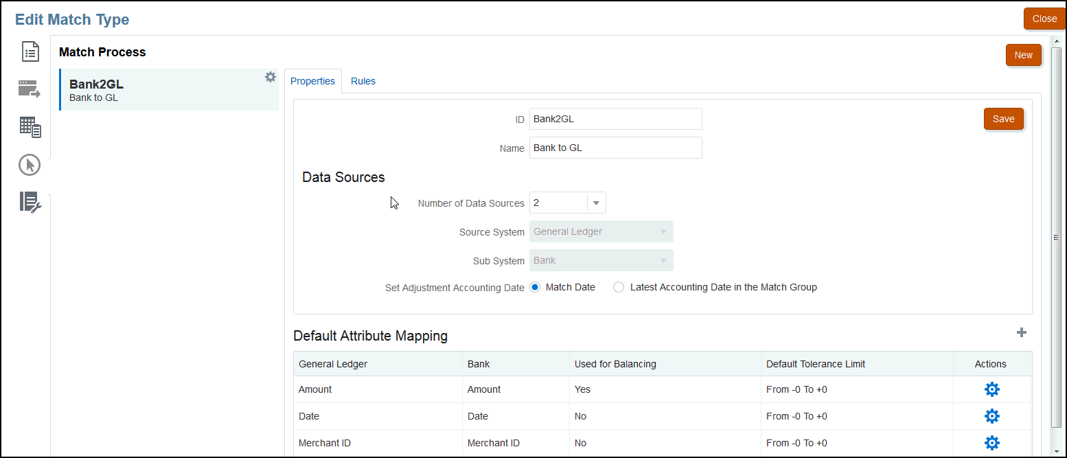 Exemple de propriétés de processus de correspondance pour un compte Banque à GL (comptabilité)