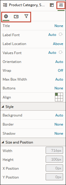 Onglets des propriétés du filtre de tableau de bord