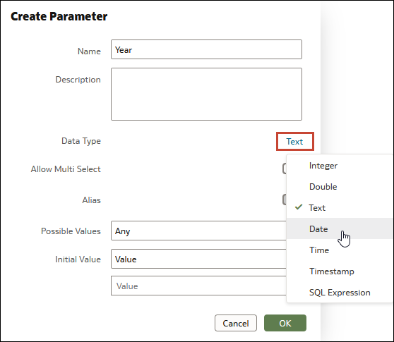 Options de sélection du type de données