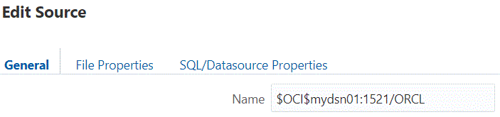 Nom de source de données de l'éditeur de règles affichant une chaîne de connexion OCI dans le champ Nom du groupe Général.