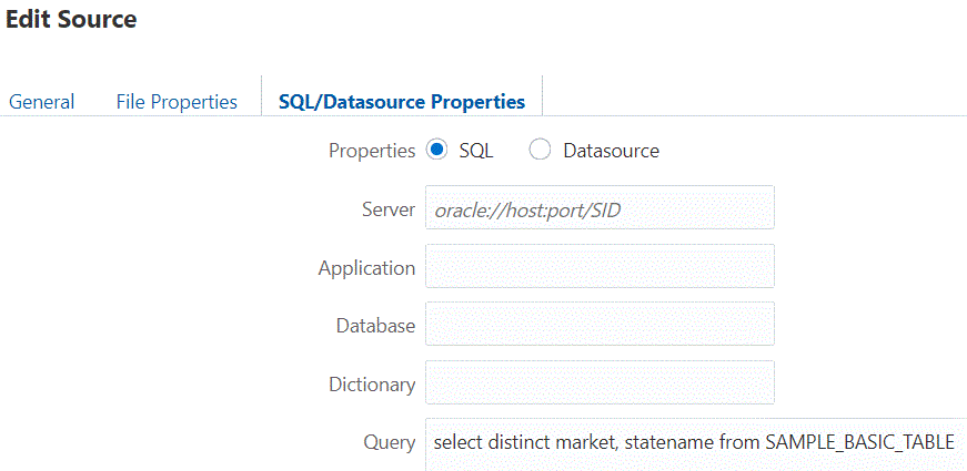 Sélection SQL insérée dans le groupe Propriétés SQL/de source de données, champ Requête.