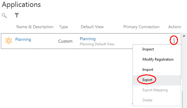 Sélection du menu d'action, puis de l'option Exporter