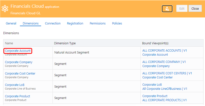 capture d'écran présentant l'onglet Dimensions de l'application Financials Cloud capture d'écran présentant l'onglet Dimensions de l'application Financials Cloud