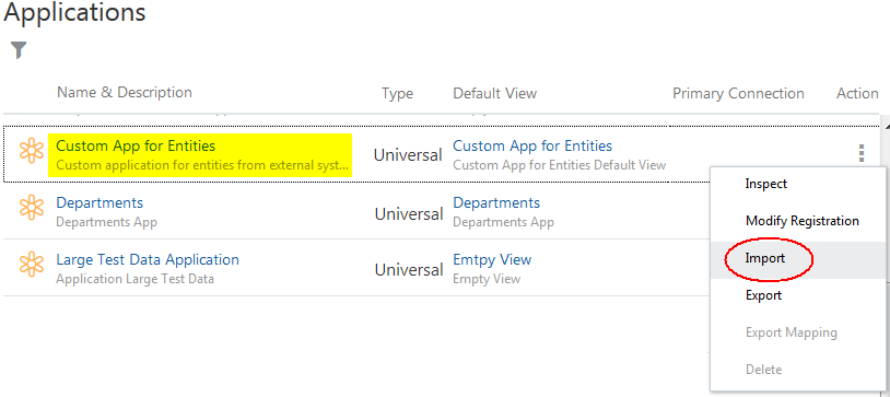 sélection de l'option d'import dans la liste de travail d'application