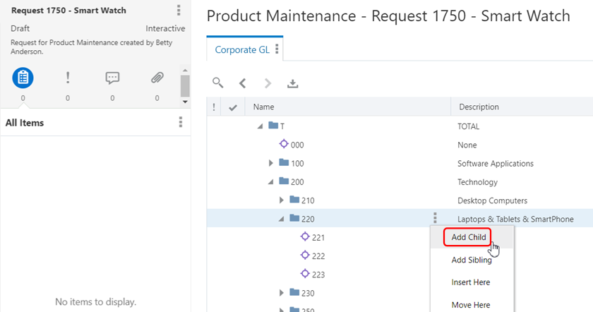 capture d'écran présentant la hiérarchie de produits avec le noeud 220 mis en surbrillance et l'option de menu Ajouter un enfant