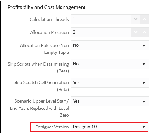 Concepteur 1.0 s&eacute;lectionn&eacute; dans les param&egrave;tres de l'application Profitability and Cost Management