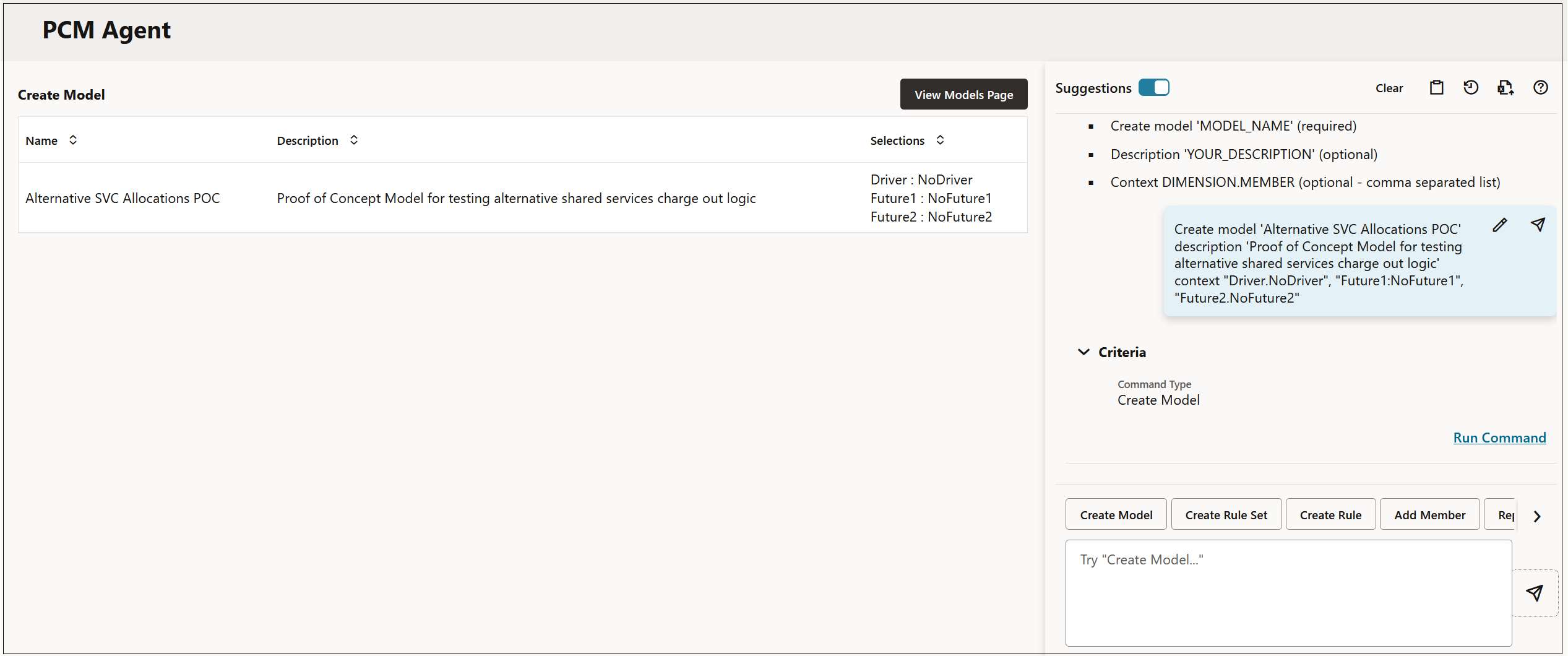 Page Agent PCM affichant une demande de cr&eacute;ation de mod&egrave;le