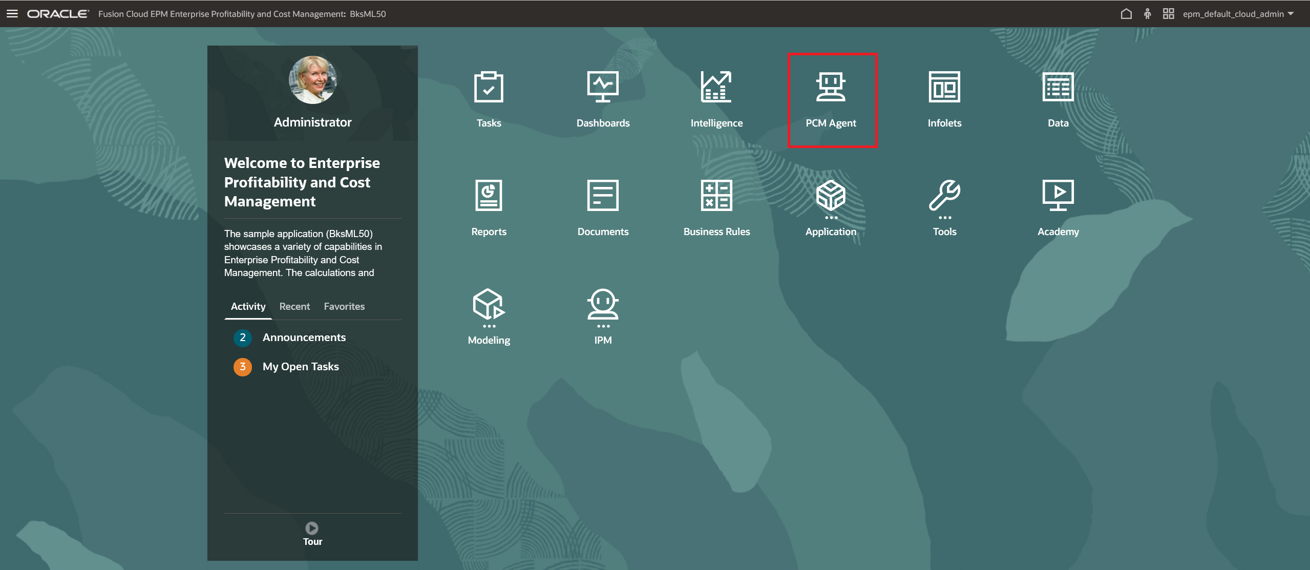 Page d'accueil Enterprise Profitability and Cost Management avec la carte Agent PCM mise en &eacute;vidence