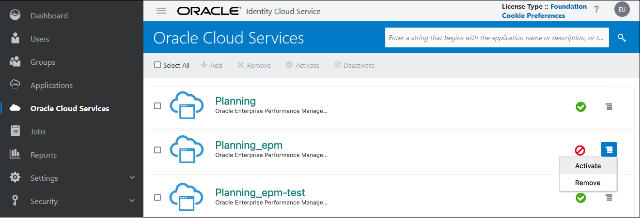 Option Activer pour un environnement EPM Cloud désactivé