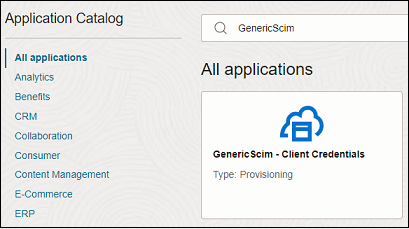 Ecran de sélection de l'application GenericScim dans le catalogue d'applications