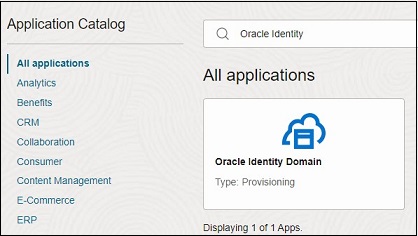 Ecran de recherche et de sélection de l'application Domaine d'identité Oracle