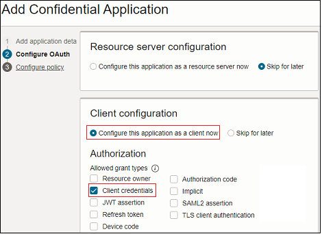 Ecran d'ajout des détails d'autorisation client de l'application confidentielle