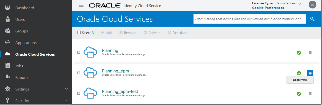 Option Désactiver pour l'environnement EPM Cloud