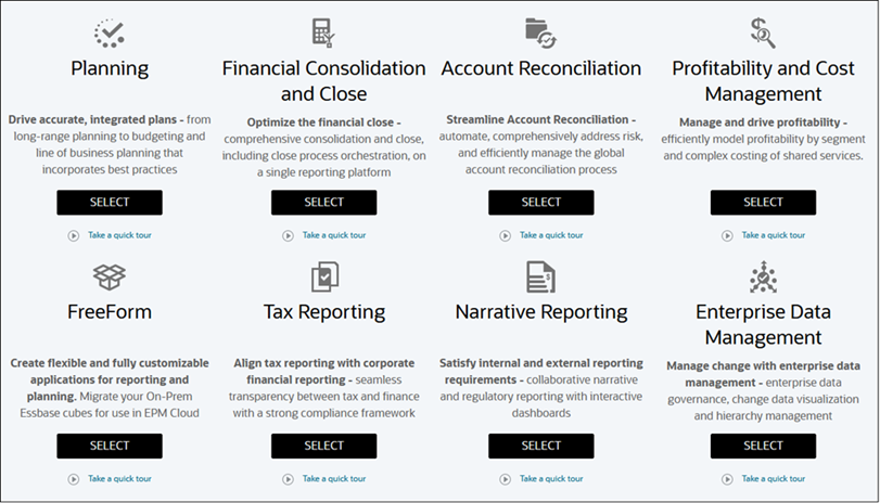 Page de destination des applications EPM Enterprise