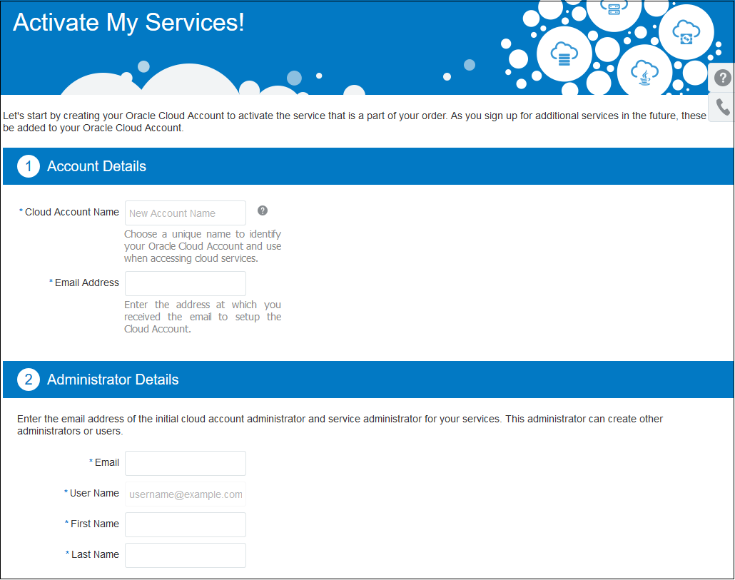 Illustration du site Web d'activation de compte Oracle Cloud