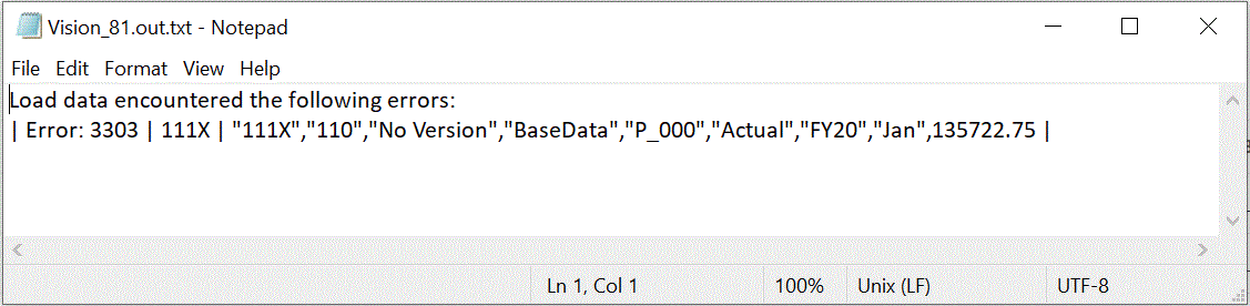 Image représentant un message d'erreur identifié dans un chargement vers Essbase.