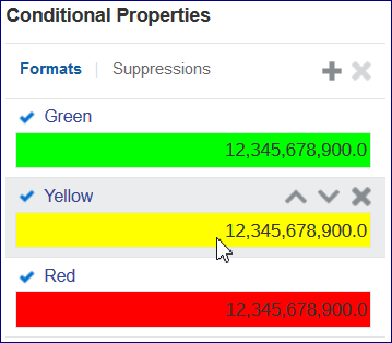 capture d'écran présentant le panneau des propriétés conditionnelles dressant la liste des conditions dans l'ordre des couleurs paramétrées, soit vert, jaune et rouge.