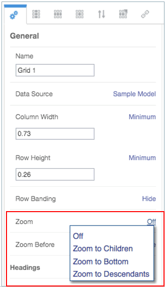 capture d'écran présentant le panneau Propriétés de grille avec le champ Zoom sélectionné et les options répertoriées dans la procédure documentée