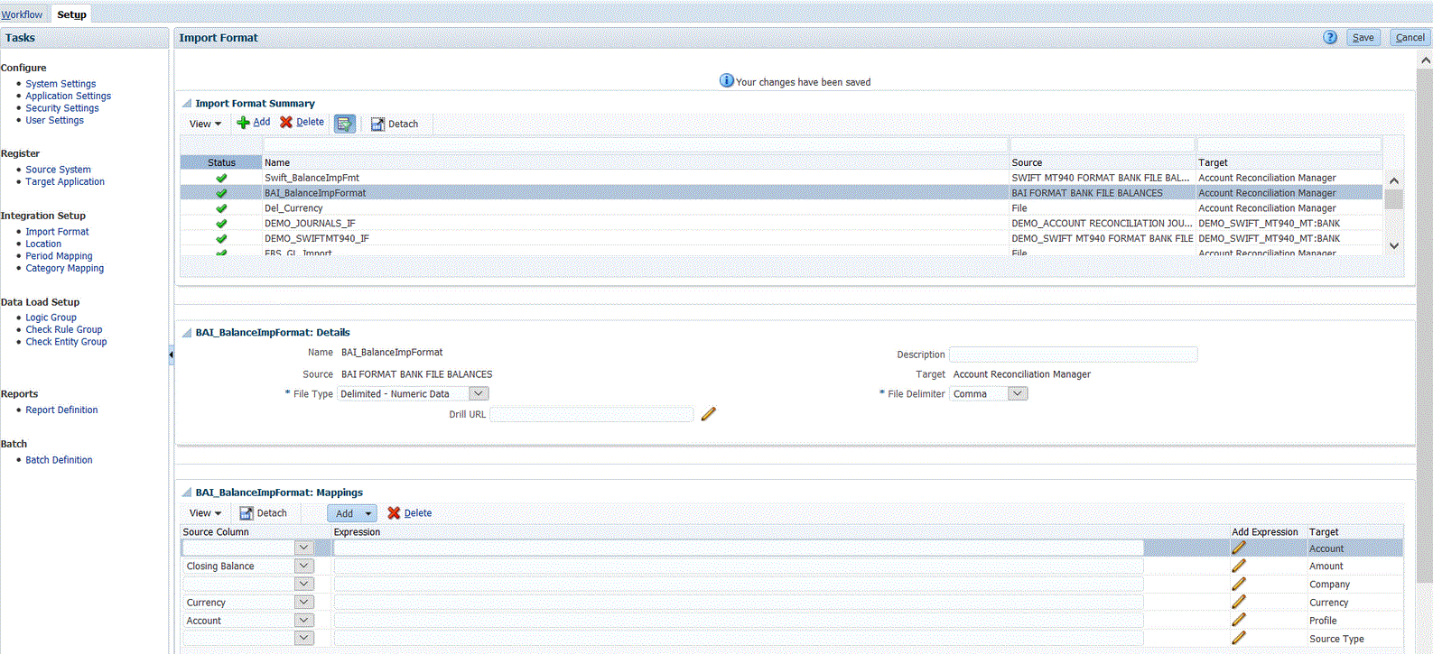 Image présentant le format d'import pour les fichiers bancaires de soldes au format BAI