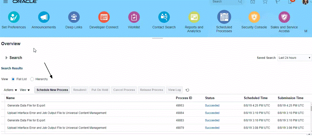 Image représentant un écran BI Publisher où l'option Planifier un nouveau traitement est sélectionné.