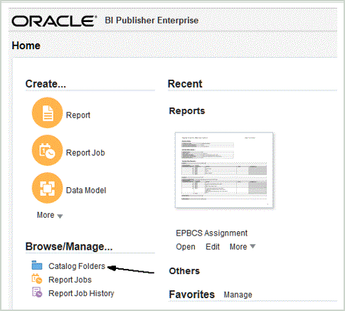 Ecran d'accueil BI Publisher Enterprise