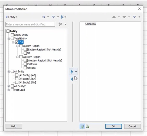 Boîte de dialogue Sélection de membres dans Smart View présentant la structure hiérarchique complète à laquelle l'utilisateur a accès
