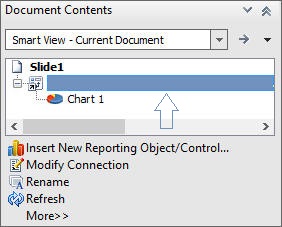 Dans le volet Contenu de document, la source de données est sélectionnée dans l'arborescence et indiquée par une barre bleue, et les options de menu applicables sont affichées dans le panneau Action