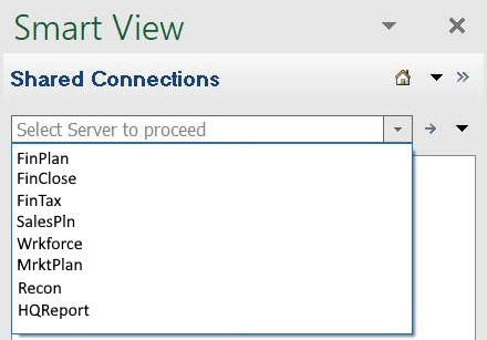 Exemple d'une connexion partagée à plusieurs sources de données EPM Cloud. Le menu déroulant affiche plusieurs processus métier EPM Cloud, comme Narrative Reporting et Tax Reporting, auxquels vous pouvez vous connecter