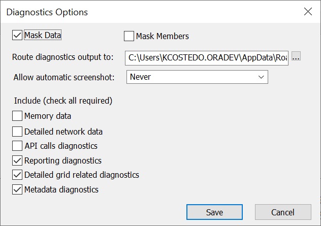 Boîte de dialogue Options de diagnostics