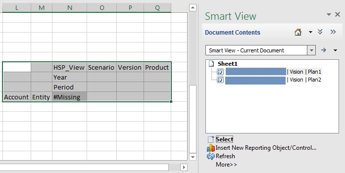 Montre le volet Contenu de document à droite, dans lequel Vision Plan1 est mis en surbrillance, et la grille Vision Plan1 mise en surbrillance dans la feuille de calcul à gauche.