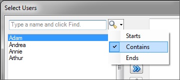 Options de filtre Commence par, Contient et Se termine par pour le bouton Rechercher dans la boîte de dialogue Sélectionner des utilisateurs.