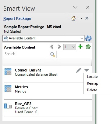 Panneau Contenu disponible avec les options du menu d&eacute;roulant Plus d'actions : Localiser, Remapper et Supprimer