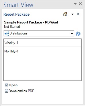 Liste des distributions disponibles dans le panneau Package de rapports, avec les options Ouvrir et Télécharger au format PDF
