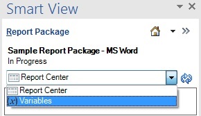 Affiche les options disponibles dans la liste déroulante du panneau Package de rapports. Les options sont Centre des rapports et Variables
