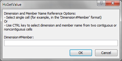 Boîte de dialogue Référence de cellule, dans laquelle vous saisissez manuellement une référence de cellule unique pour une cellule qui représente une dimension et un membre, ou utilisez la touche Ctrl pour sélectionner deux cellules contiguës ou non contiguës représentant une dimension et un membre.