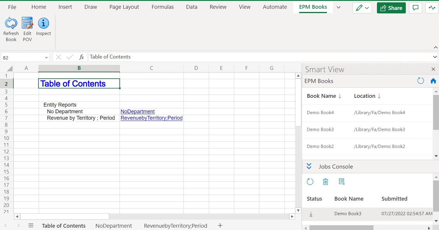 Présente un exemple d'onglets de page de table des matières et de feuilles de calcul dans une liasse importée et téléchargée dans Excel 365