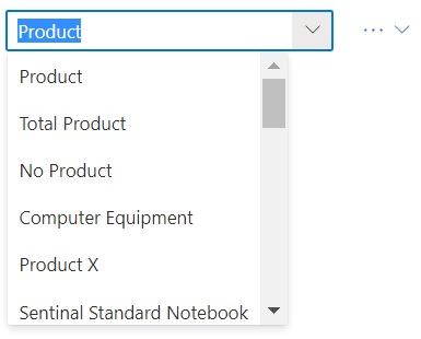Menu déroulant de la dimension affichant les membres de la dimension Product dans la liste