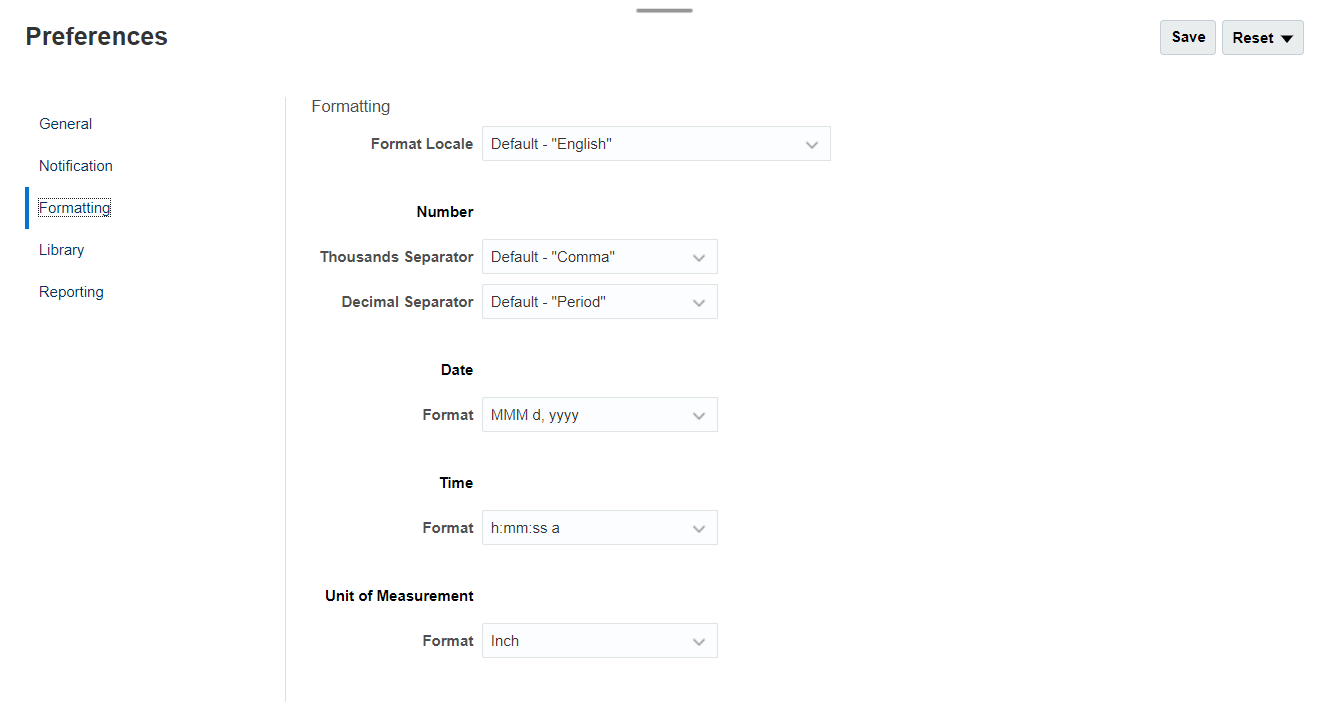 L'onglet Formatage de la boîte de dialogue Préférences permet de définir les formats de nombres, décimales, dates et heures que vous voulez utiliser dans les rapports.