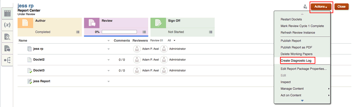 Menu Actions et option Créer un journal de diagnostic